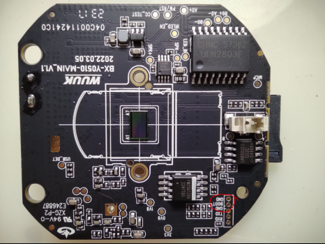 The WUUK mainboard, front side, with the unpopulated pin header circled in red for reference